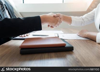Job applicant business, career and placement businessperson shaking handwith candidate after successful negotiations or interview at the working place