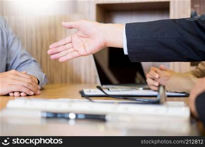 Job applicant having interview. Business young candidate people shaking hands, Greeting new colleague career and placement concept