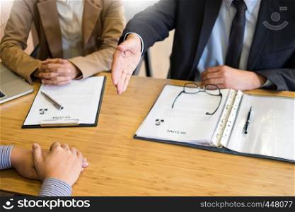 Job applicant having interview. Business young candidate people shaking hands, Greeting new colleague career and placement concept