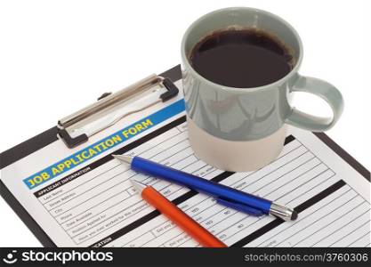 Job application form with coffee cup isolated on white background
