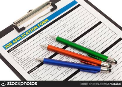 Job application form with pens isolated on white background
