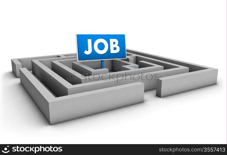 Job concept with labyrinth and blue goal sign on white background.