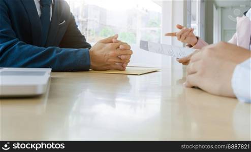 Job interview with human resource manager in office, selective focus
