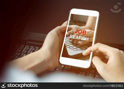 Job search on mobile phone save lives Time period Coronavirus 2019 or Covid-19 social media campaign background concept. Mockup phone.