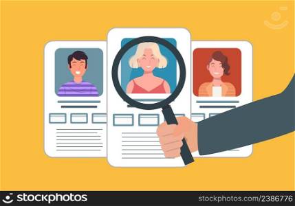 Job searchers, employees, and office workers are being chosen with magnifying glass. Vector illustration. Job searchers, employees, and office workers are being chosen with magnifying glass.