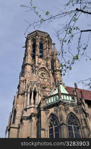 Johannes church in the middle of Feuersee in Stuttgart, Germany - the church tower was destroyed during world war two. The lake was serving as water resort for the fire brigades many years ago...