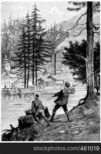 John and Alexander was engaged in fishing fun, vintage engraved illustration. Jules Verne Cesar Cascabel, 1890.