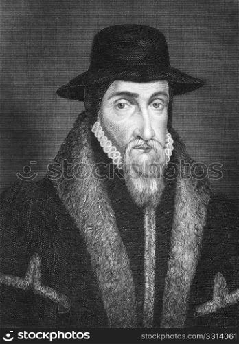 John Foxe (1517-1587) on engraving from 1844. English historian and martyrologist. Published by J.Tallis & Co.