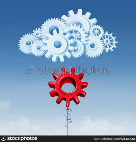 Join Cloud Computing data server services technology concept as a red balloon shaped as a gear joining a network made of mechanical cogs as a 3d Illustration.