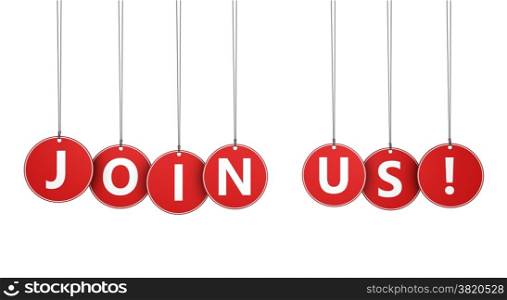 Join us business, job and team concept with sign and word on red hanged tags isolated on white background.