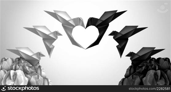 Joining together for love as an inclusiveness symbol and racial harmony as black and white origami birds connecting in a 3D illustration style.