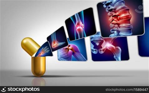 Joint pain medicine and painful injury or arthritis medication symbol for health care and medical symptoms treatment with 3D illustration elements.