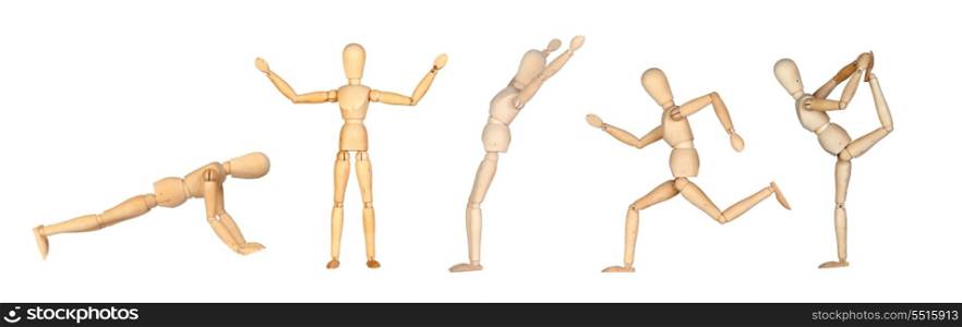 Jointed wooden mannequin doing different positions isolated on white background