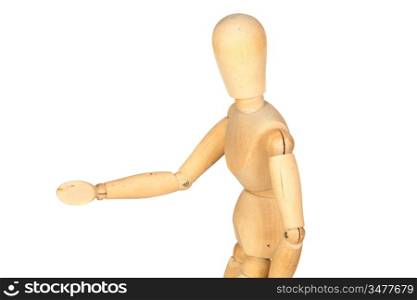 Jointed wooden mannequin greeting isolated on white background