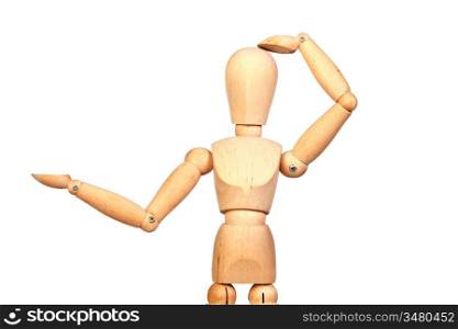 Jointed wooden mannequin looking something isolated on white background
