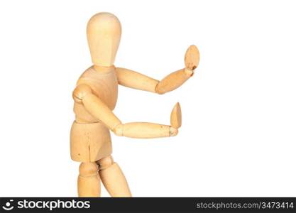 Jointed wooden mannequin pushing something isolated on white background