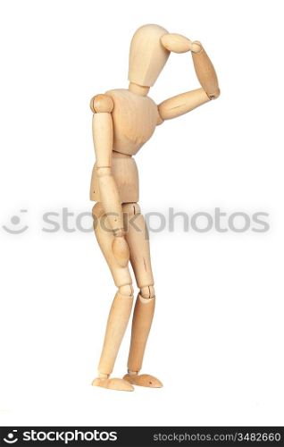 Jointed wooden mannequin representing discouragement isolated on white background