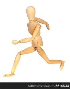 Jointed wooden mannequin running isolated on white background