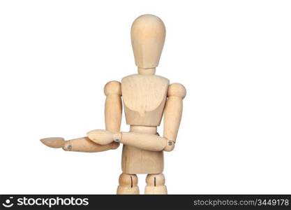 Jointed wooden mannequin with outstretched hand isolated on white background