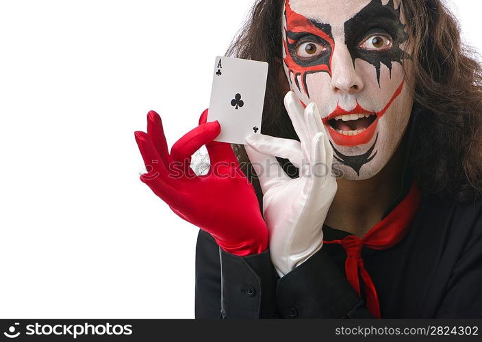 Joker with cards isolated on white