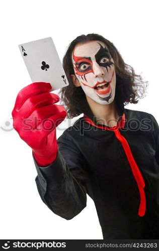 Joker with cards isolated on white