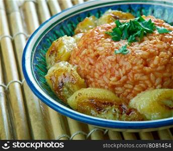 jollof rice with fried plantains,Nigerian cuisine