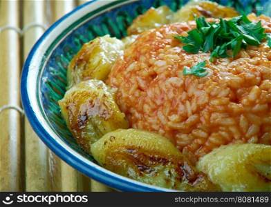 jollof rice with fried plantains,Nigerian cuisine