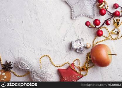 jolly Christmas set with apple around white background. flat lay. close up