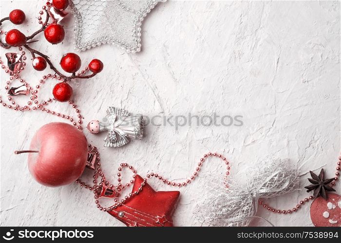 jolly Christmas set with apple around white background. flat lay. close up