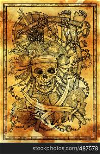 Jolly Roger skull in gallows noose with compass, rope and sabre on old paper texture. Graphic illustration with adventure concept in vintage style, old transportation background