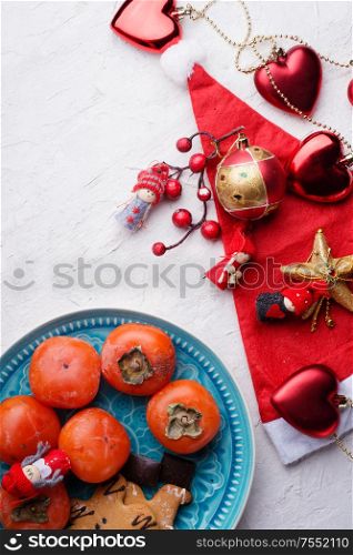 jolly traditional Christmas set with decorations and gifts. around white background. flat lay