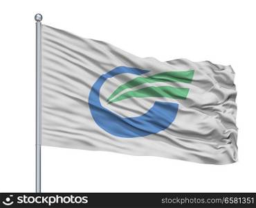 Joso City Flag On Flagpole, Country Japan, Ibaraki Prefecture, Isolated On White Background. Joso City Flag On Flagpole, Japan, Ibaraki Prefecture, Isolated On White Background