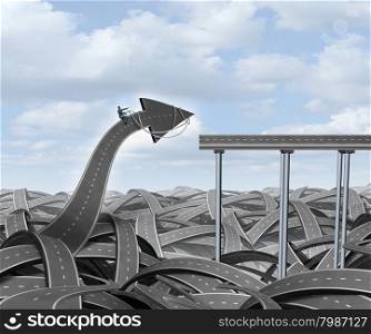 Journey success business concept as a businessman guiding a road arrow out of chaos to connect with a straight bridge as a metaphor for leadership and the determined courage of individualism.