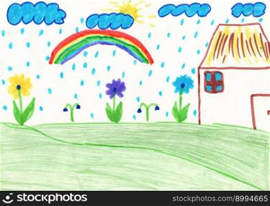 Joy children’s drawing with rainbow and flowers on hill. Kid’s drawing with flowers and colorful rainbow. Summer by eyes of children. Childish drawing. Kid’s drawing with flowers and colorful rainbow