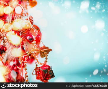 Joy Christmas background with holiday lighting and bokeh with snow