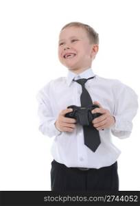 Joyful boy with a joystick in their hands. Isolated on white background