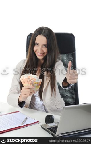 Joyful businesswoman in the office with a bundle of euro banknotes. Isolated on white