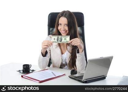 Joyful businesswoman in the office with dollar banknotes. Isolated on white