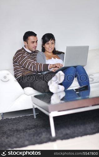 joyful couple relax and work on laptop computer at modern living room indoor home