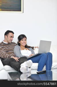 joyful couple relax and work on laptop computer at modern living room indoor home