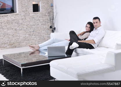 joyful couple relax and work on laptop computer at modern living room indoor home