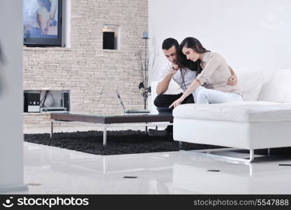 joyful couple relax and work on laptop computer at modern living room indoor home