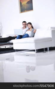 joyful couple relax and work on laptop computer at modern living room indoor home