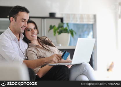 joyful couple relax and work on laptop computer at modern living room indoor home