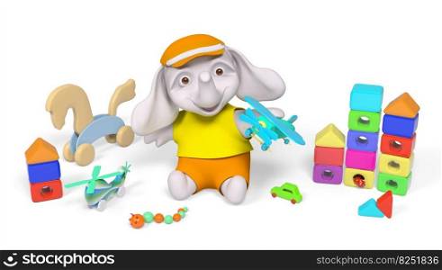 Joyful elephant kid character playing with airplane toy 3d rendering