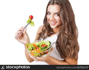 joyful girl with salad on white background