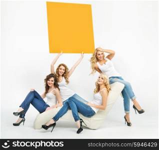 Joyful ladies and the yellow board