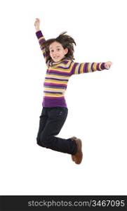 Joyful little girl jumping on a over white background