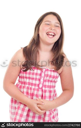 joyful little girl laughing in a pink top (isolated on white background)