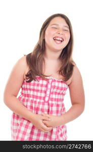 joyful little girl laughing in a pink top (isolated on white background)